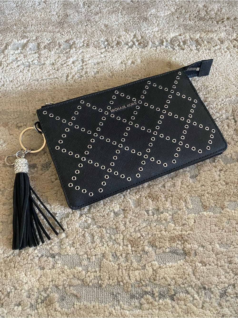 Michael Kors Black Grommet Tassel Charm Clutch Purse Black Leather
